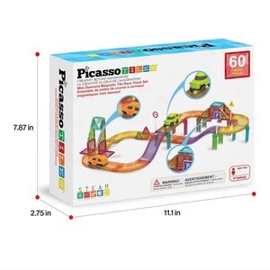 PicassoTiles 60pc Magnetic Tile Race Car Track Set STEM Construction Road Kit